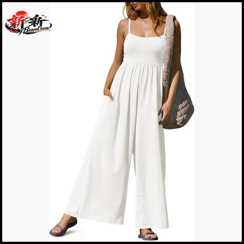 Cotton Elastane Spaghetti Strap Jumpsuit Wide Leg Romper With Pockets